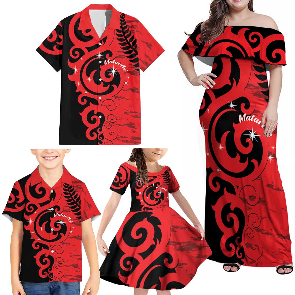 New Zealand Matariki Family Matching Off Shoulder Maxi Dress and Hawaiian Shirt Maori New Year Koru Pattern