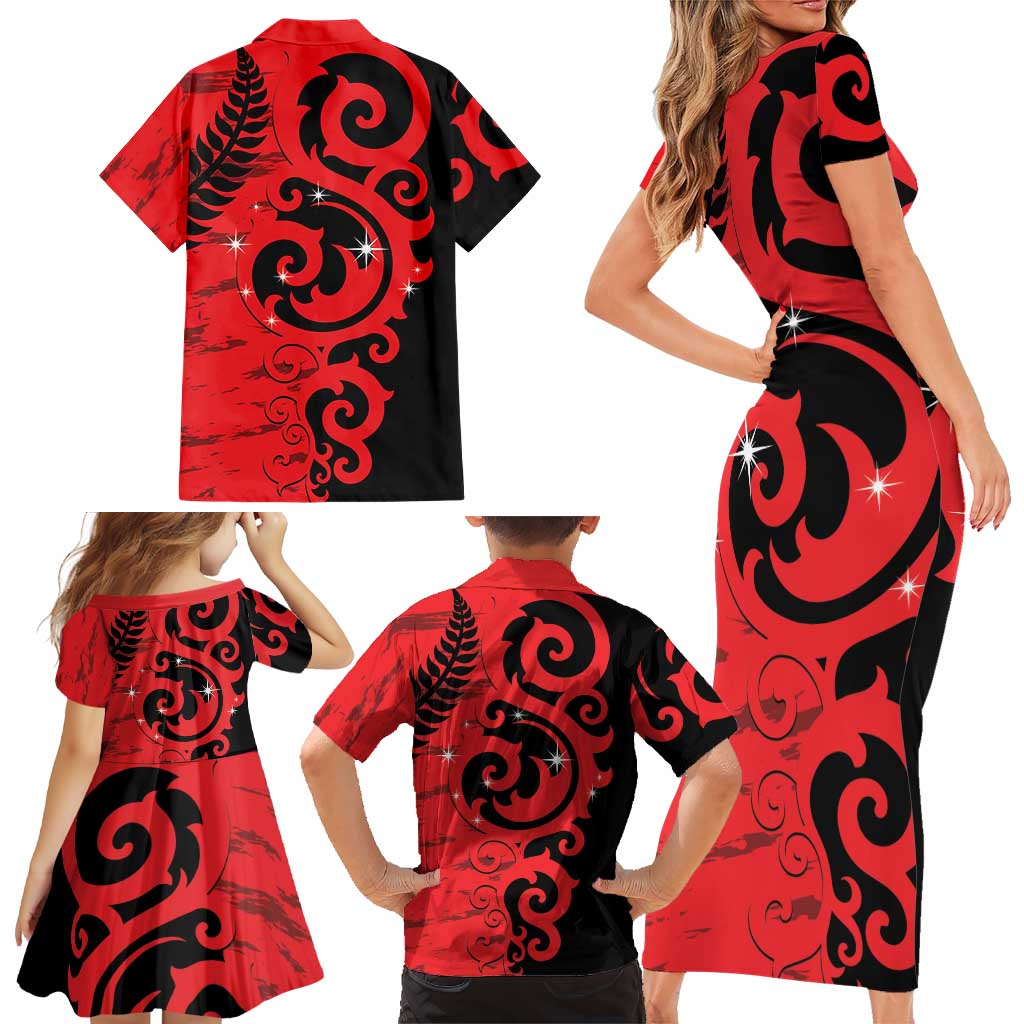 New Zealand Matariki Family Matching Short Sleeve Bodycon Dress and Hawaiian Shirt Maori New Year Koru Pattern LT22 - Polynesian Pride