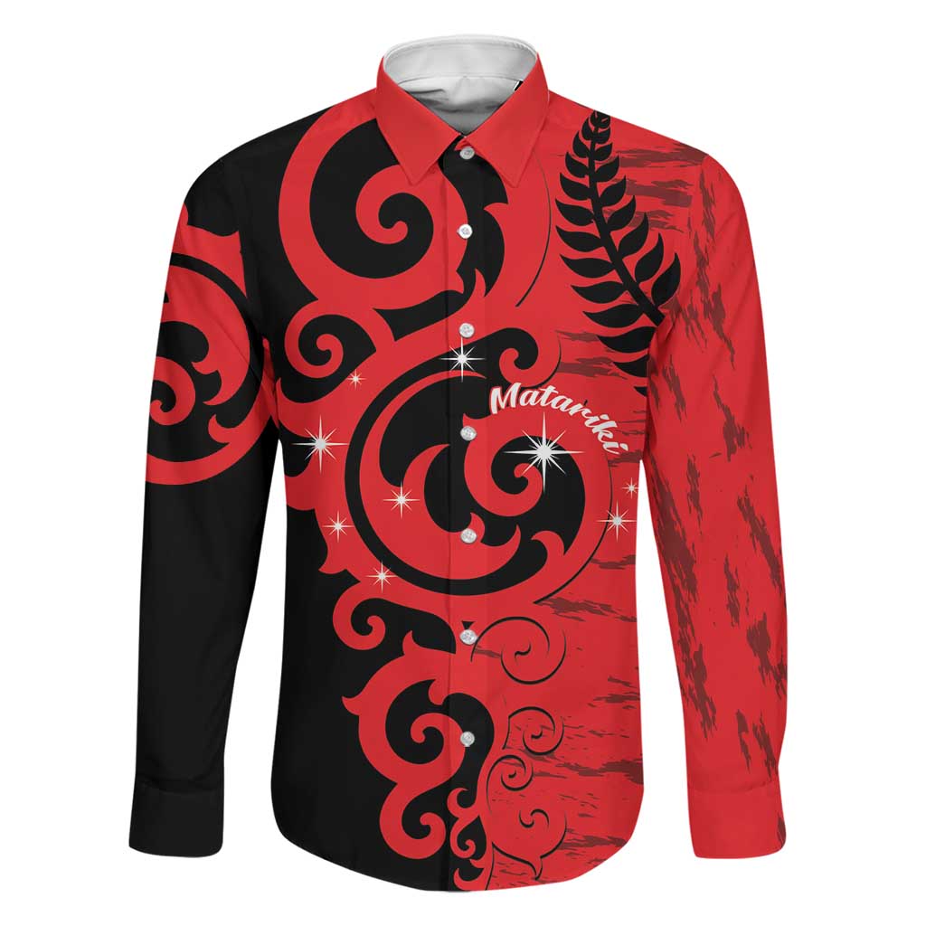 New Zealand Matariki Family Matching Short Sleeve Bodycon Dress and Hawaiian Shirt Maori New Year Koru Pattern LT22 Dad's Shirt - Long Sleeve Red - Polynesian Pride