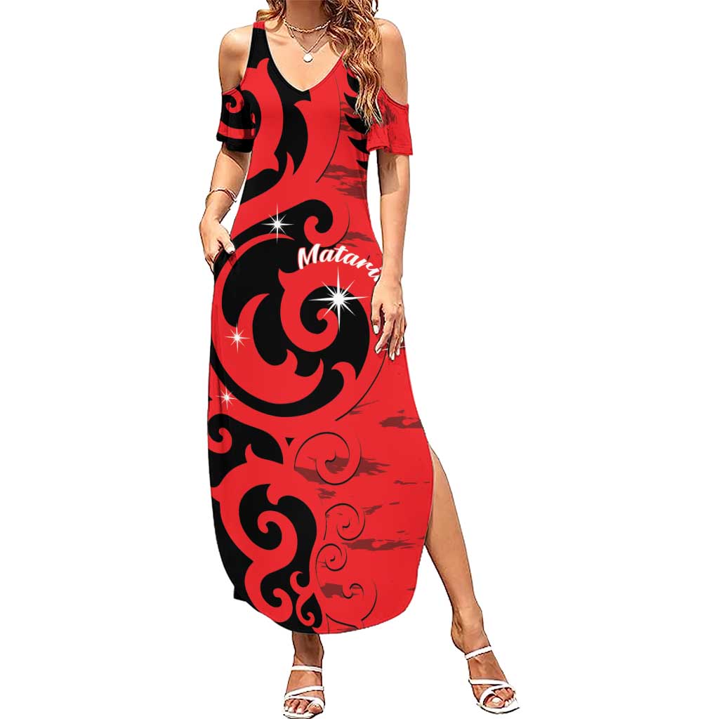 New Zealand Matariki Family Matching Summer Maxi Dress and Hawaiian Shirt Maori New Year Koru Pattern LT22 Mom's Dress Red - Polynesian Pride