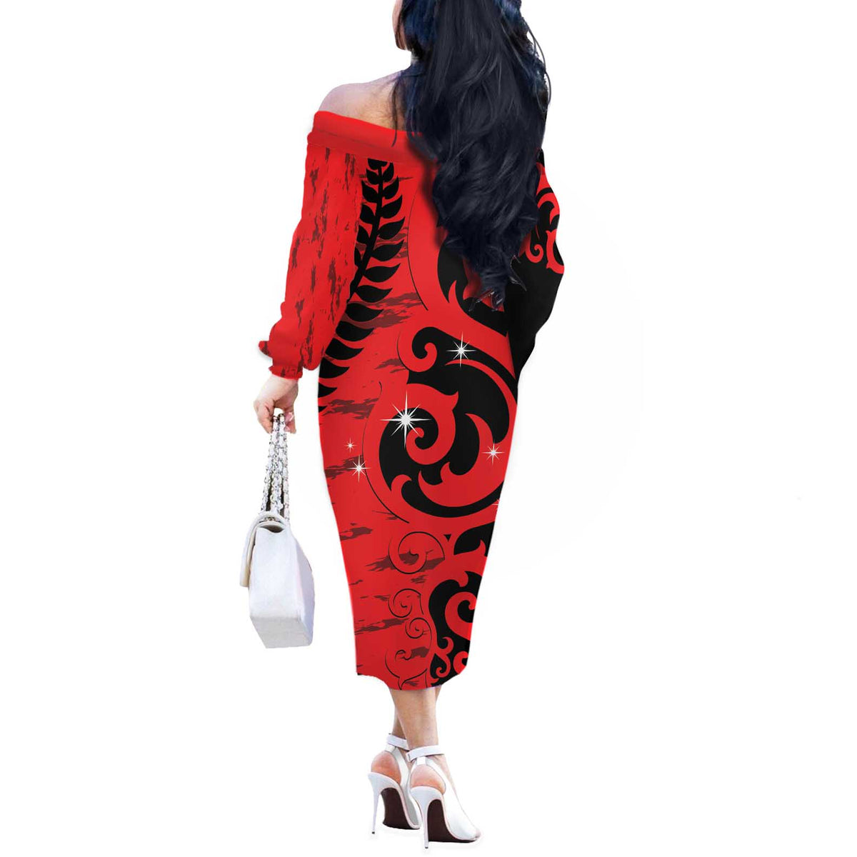 New Zealand Matariki Off The Shoulder Long Sleeve Dress Maori New Year Koru Pattern