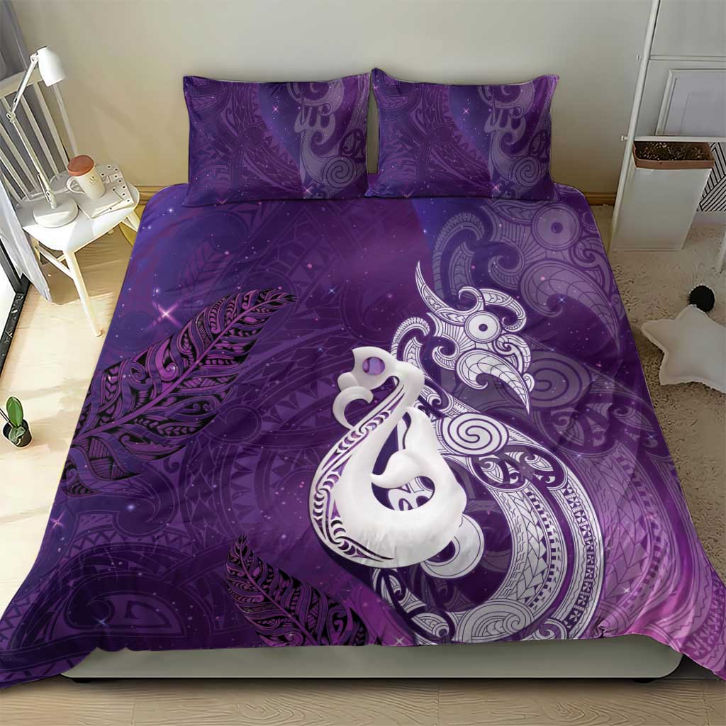 New Zealand Matariki Bedding Set Maori Manaia Galaxy Silver Fern Purple Color