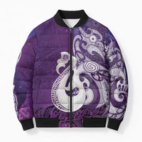 New Zealand Matariki Bomber Puffer Jacket Maori Manaia Galaxy Silver Fern Purple Color