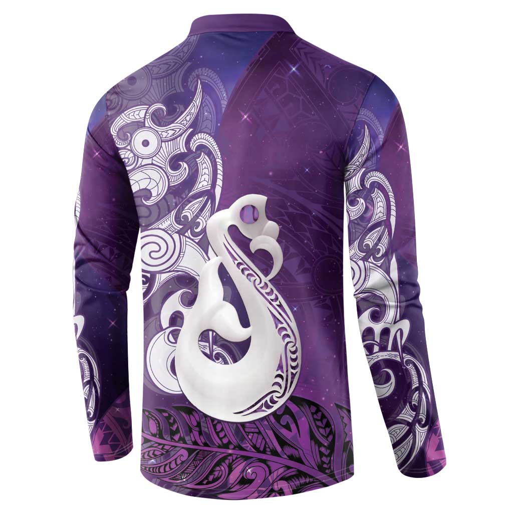 New Zealand Matariki Button Sweatshirt Maori Manaia Galaxy Silver Fern Purple Color