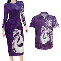 New Zealand Matariki Couples Matching Long Sleeve Bodycon Dress and Hawaiian Shirt Maori Manaia Galaxy Silver Fern Purple Color LT22 Purple - Polynesian Pride