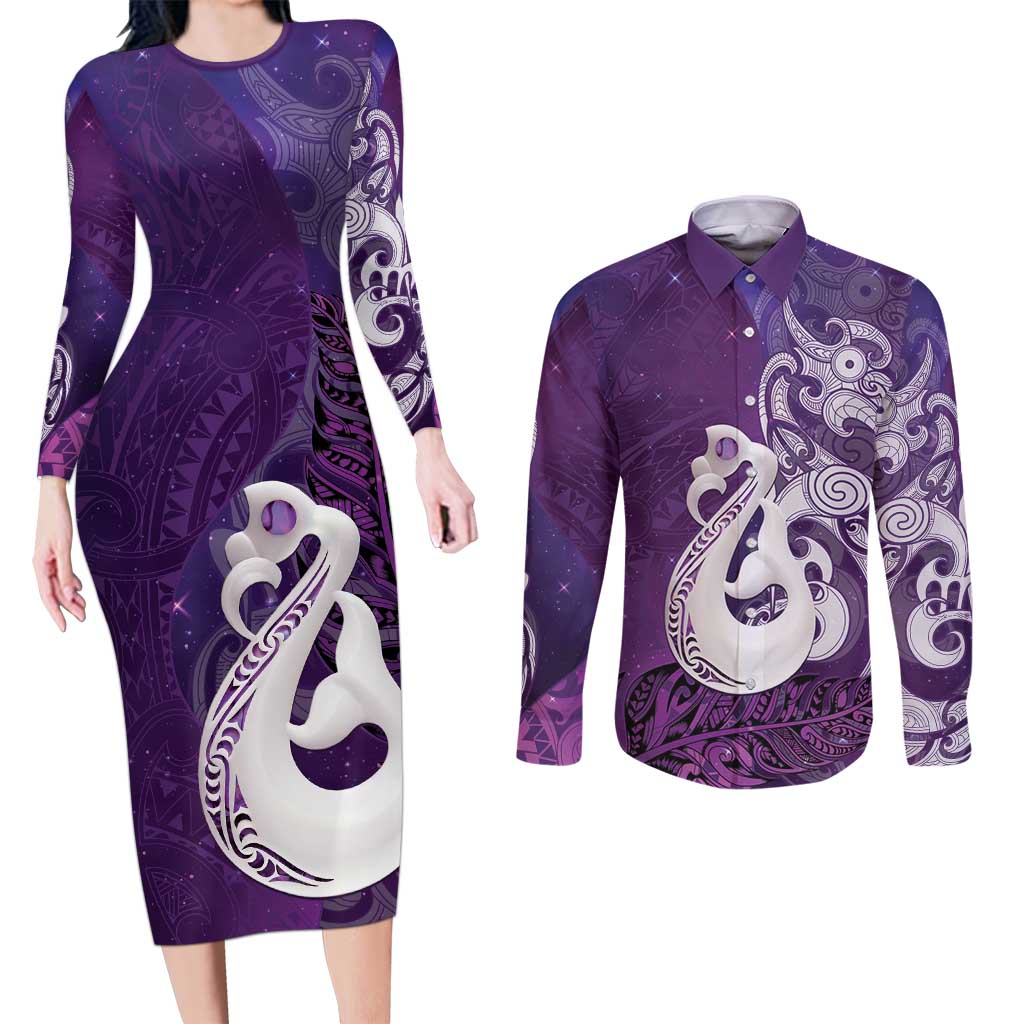 New Zealand Matariki Couples Matching Long Sleeve Bodycon Dress and Long Sleeve Button Shirt Maori Manaia Galaxy Silver Fern Purple Color LT22 Purple - Polynesian Pride