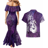 New Zealand Matariki Couples Matching Mermaid Dress and Hawaiian Shirt Maori Manaia Galaxy Silver Fern Purple Color LT22 - Polynesian Pride
