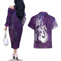 New Zealand Matariki Couples Matching Off The Shoulder Long Sleeve Dress and Hawaiian Shirt Maori Manaia Galaxy Silver Fern Purple Color LT22 - Polynesian Pride