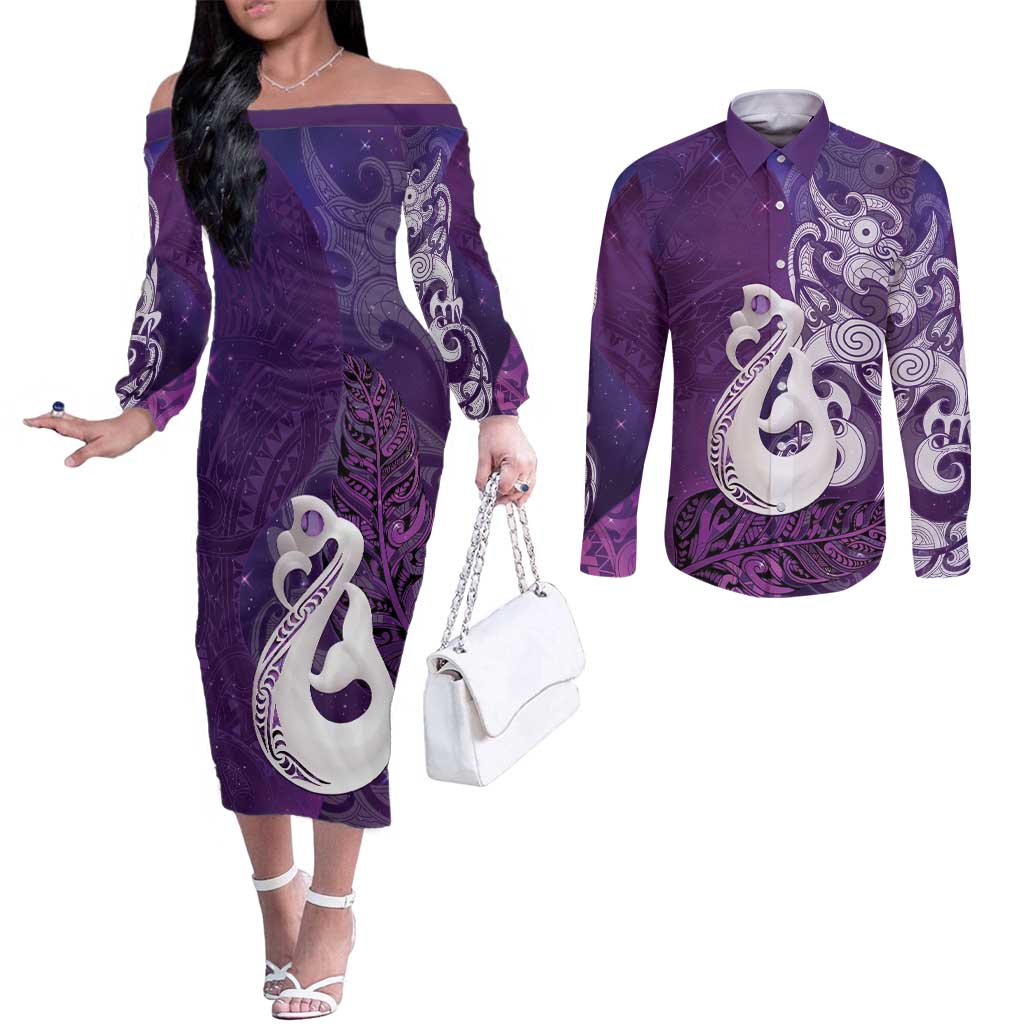 New Zealand Matariki Couples Matching Off The Shoulder Long Sleeve Dress and Long Sleeve Button Shirt Maori Manaia Galaxy Silver Fern Purple Color