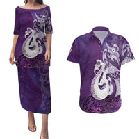 New Zealand Matariki Couples Matching Puletasi and Hawaiian Shirt Maori Manaia Galaxy Silver Fern Purple Color LT22 Purple - Polynesian Pride