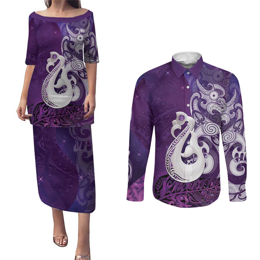 New Zealand Matariki Couples Matching Puletasi and Long Sleeve Button Shirt Maori Manaia Galaxy Silver Fern Purple Color LT22 Purple - Polynesian Pride