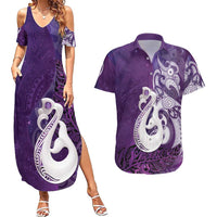 New Zealand Matariki Couples Matching Summer Maxi Dress and Hawaiian Shirt Maori Manaia Galaxy Silver Fern Purple Color LT22 Purple - Polynesian Pride