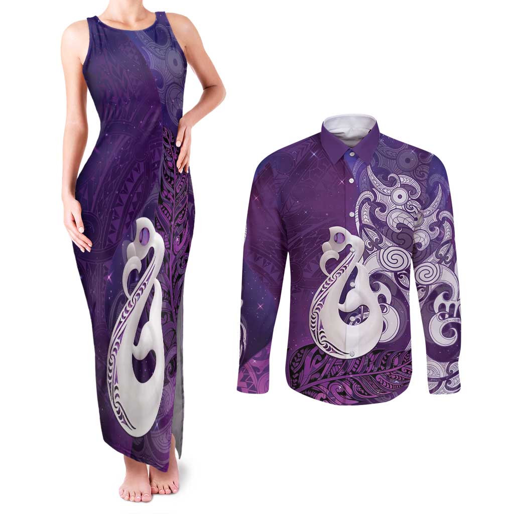 New Zealand Matariki Couples Matching Tank Maxi Dress and Long Sleeve Button Shirt Maori Manaia Galaxy Silver Fern Purple Color LT22 Purple - Polynesian Pride