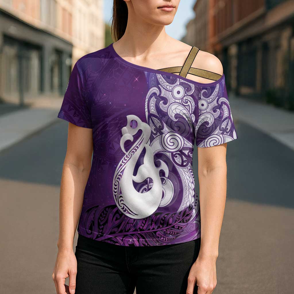 New Zealand Matariki Cross Shoulder Shirt Maori Manaia Galaxy Silver Fern Purple Color LT22 - Polynesian Pride