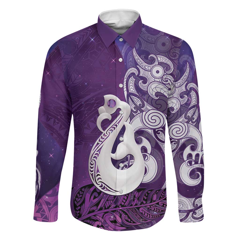 New Zealand Matariki Family Matching Long Sleeve Bodycon Dress and Hawaiian Shirt Maori Manaia Galaxy Silver Fern Purple Color LT22 Dad's Shirt - Long Sleeve Purple - Polynesian Pride