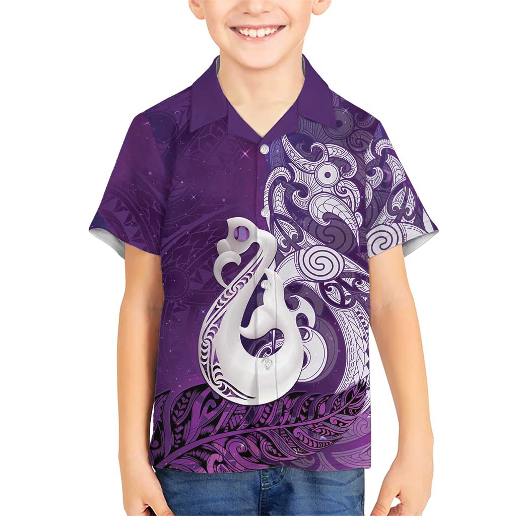 New Zealand Matariki Family Matching Off Shoulder Short Dress and Hawaiian Shirt Maori Manaia Galaxy Silver Fern Purple Color LT22 Son's Shirt Purple - Polynesian Pride