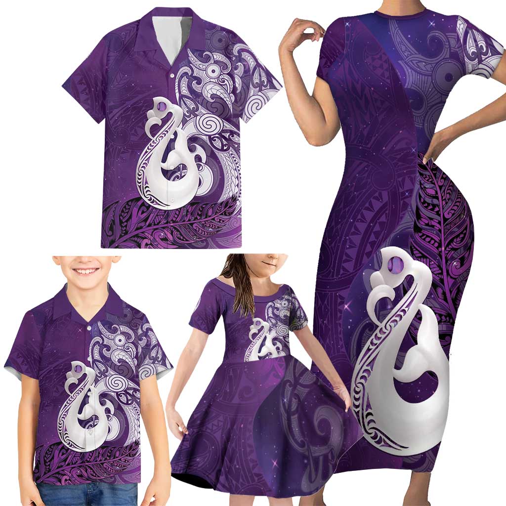 New Zealand Matariki Family Matching Short Sleeve Bodycon Dress and Hawaiian Shirt Maori Manaia Galaxy Silver Fern Purple Color LT22 - Polynesian Pride
