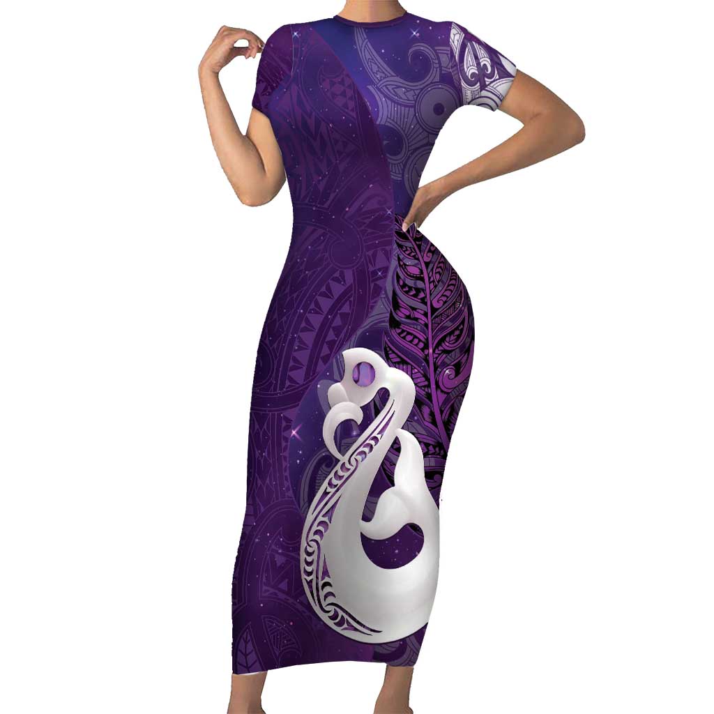 New Zealand Matariki Family Matching Short Sleeve Bodycon Dress and Hawaiian Shirt Maori Manaia Galaxy Silver Fern Purple Color LT22 Mom's Dress Purple - Polynesian Pride