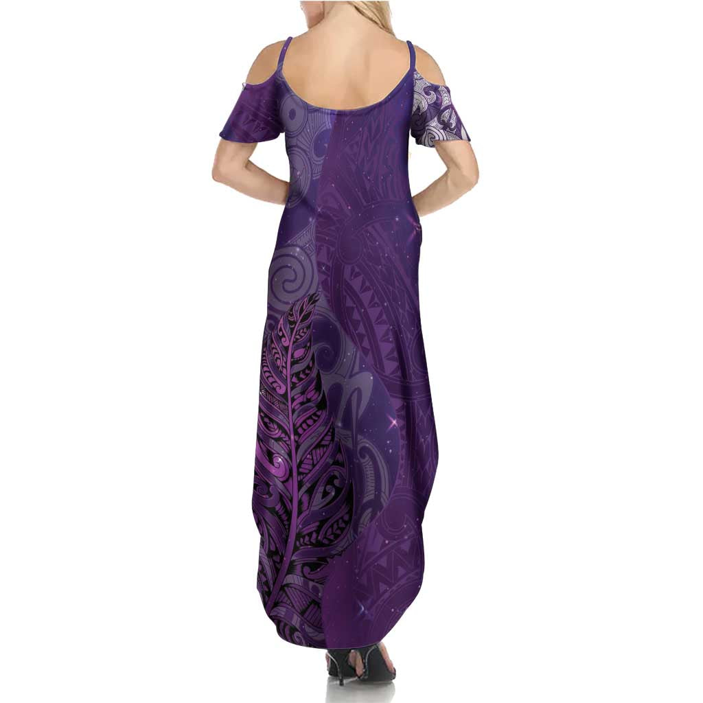 New Zealand Matariki Family Matching Summer Maxi Dress and Hawaiian Shirt Maori Manaia Galaxy Silver Fern Purple Color LT22 - Polynesian Pride