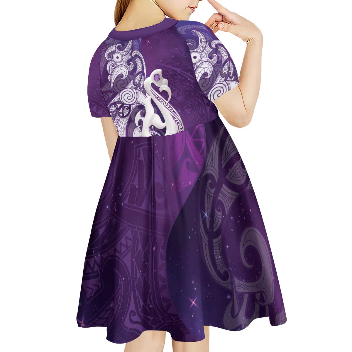 New Zealand Matariki Kid Short Sleeve Dress Maori Manaia Galaxy Silver Fern Purple Color LT22 - Polynesian Pride