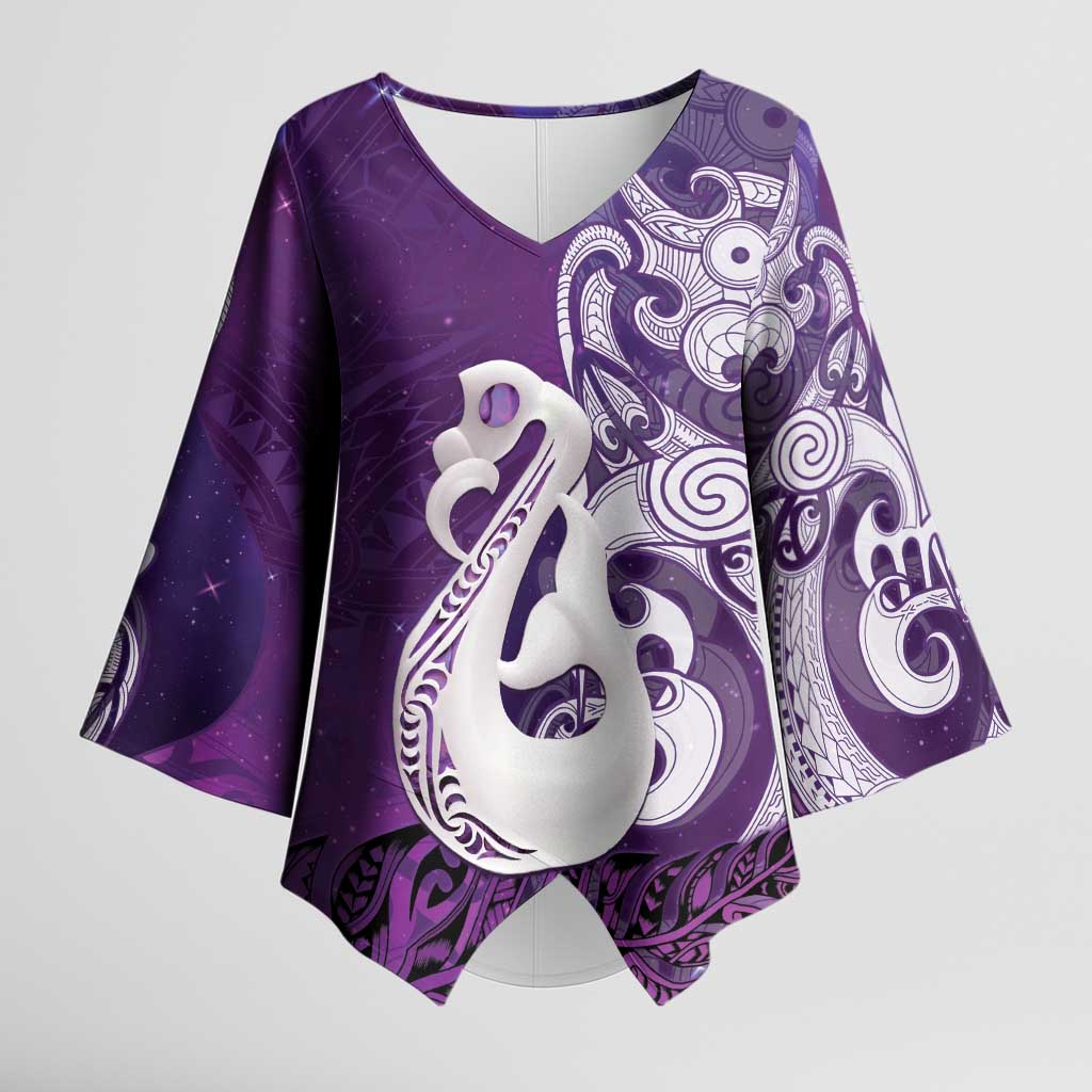 New Zealand Matariki Kimono Sleeve Blouse Maori Manaia Galaxy Silver Fern Purple Color