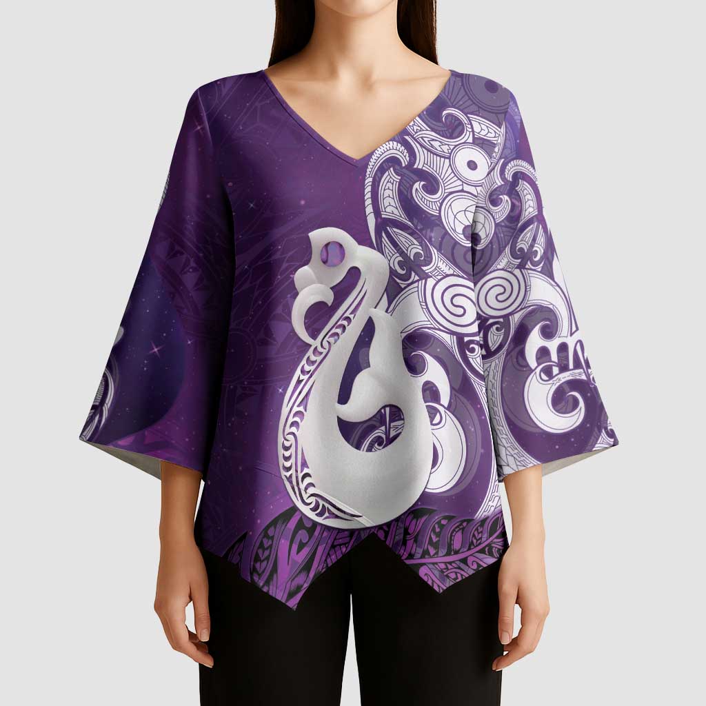 New Zealand Matariki Kimono Sleeve Blouse Maori Manaia Galaxy Silver Fern Purple Color