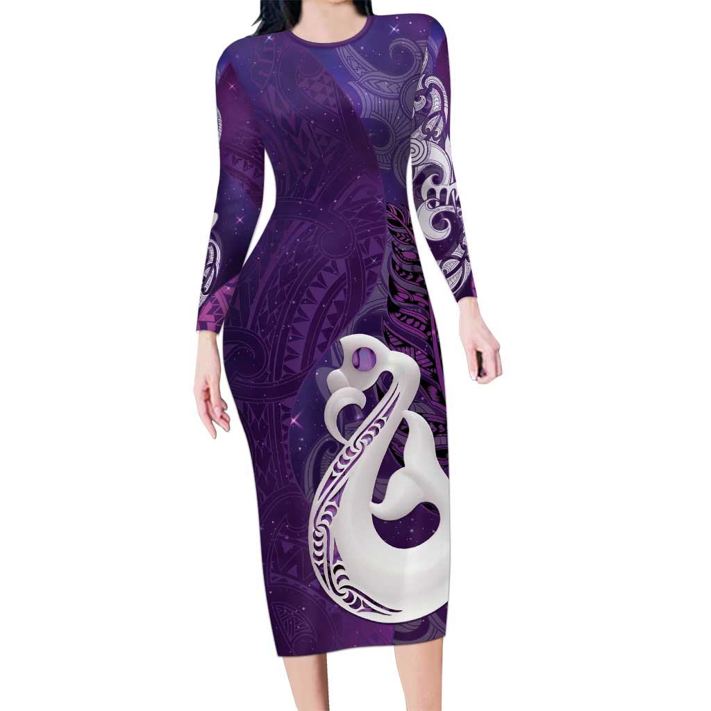 New Zealand Matariki Long Sleeve Bodycon Dress Maori Manaia Galaxy Silver Fern Purple Color