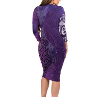 New Zealand Matariki Long Sleeve Bodycon Dress Maori Manaia Galaxy Silver Fern Purple Color LT22 - Polynesian Pride