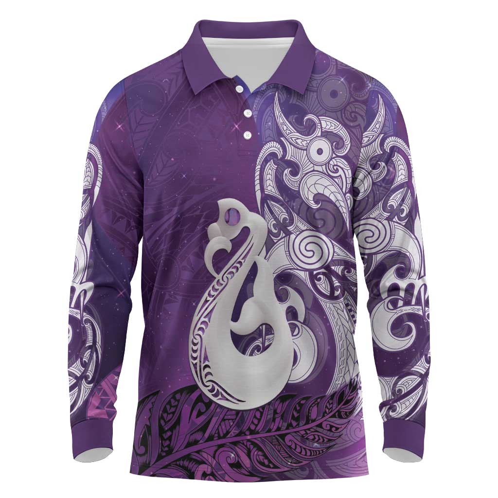 New Zealand Matariki Long Sleeve Polo Shirt Maori Manaia Galaxy Silver Fern Purple Color LT22 Purple - Polynesian Pride