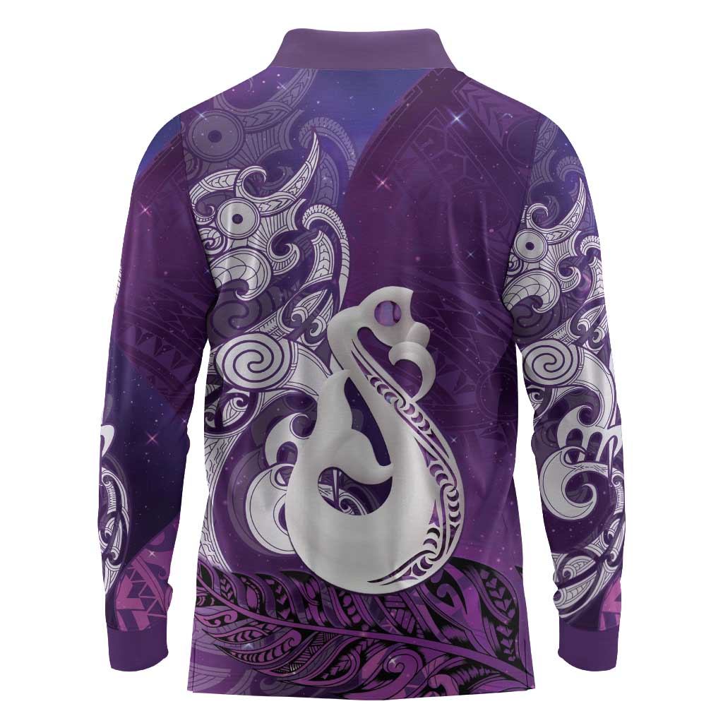 New Zealand Matariki Long Sleeve Polo Shirt Maori Manaia Galaxy Silver Fern Purple Color LT22 - Polynesian Pride