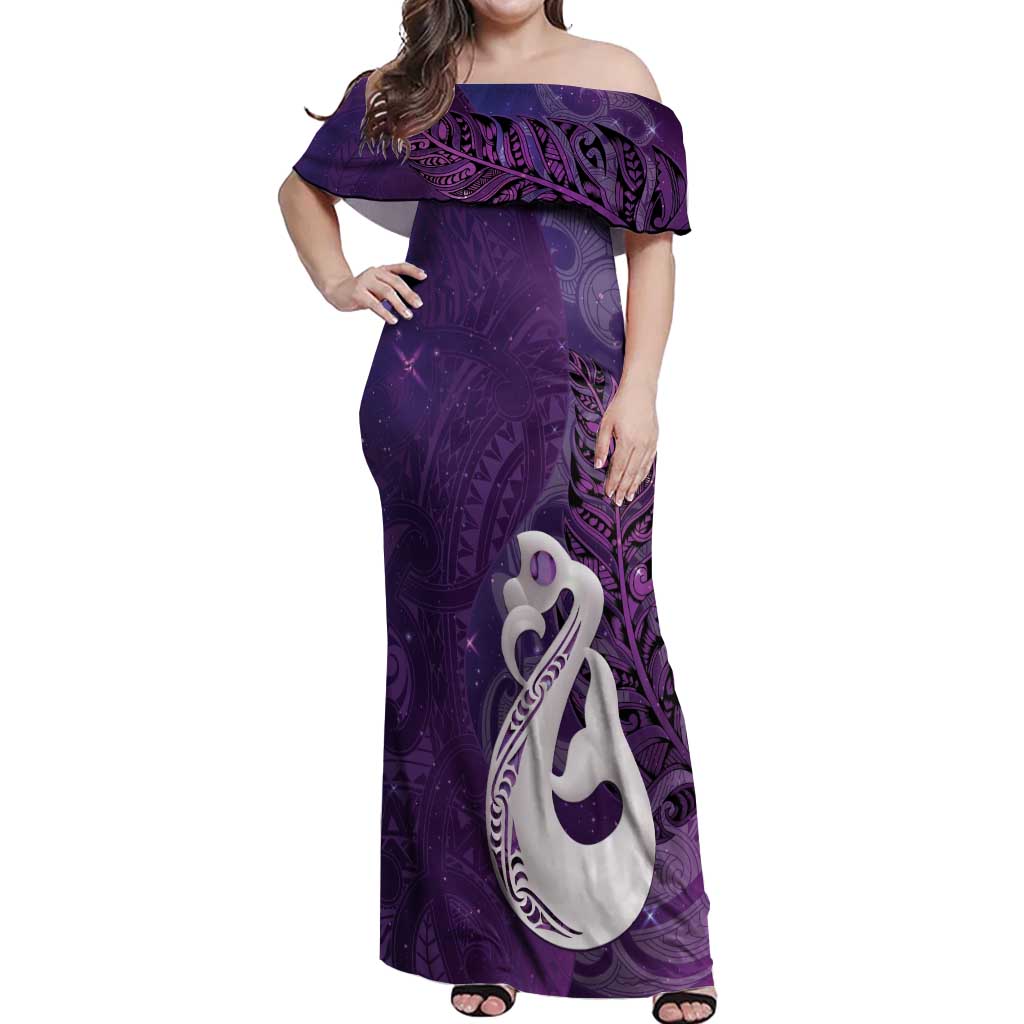 New Zealand Matariki Off Shoulder Maxi Dress Maori Manaia Galaxy Silver Fern Purple Color LT22 Women Purple - Polynesian Pride