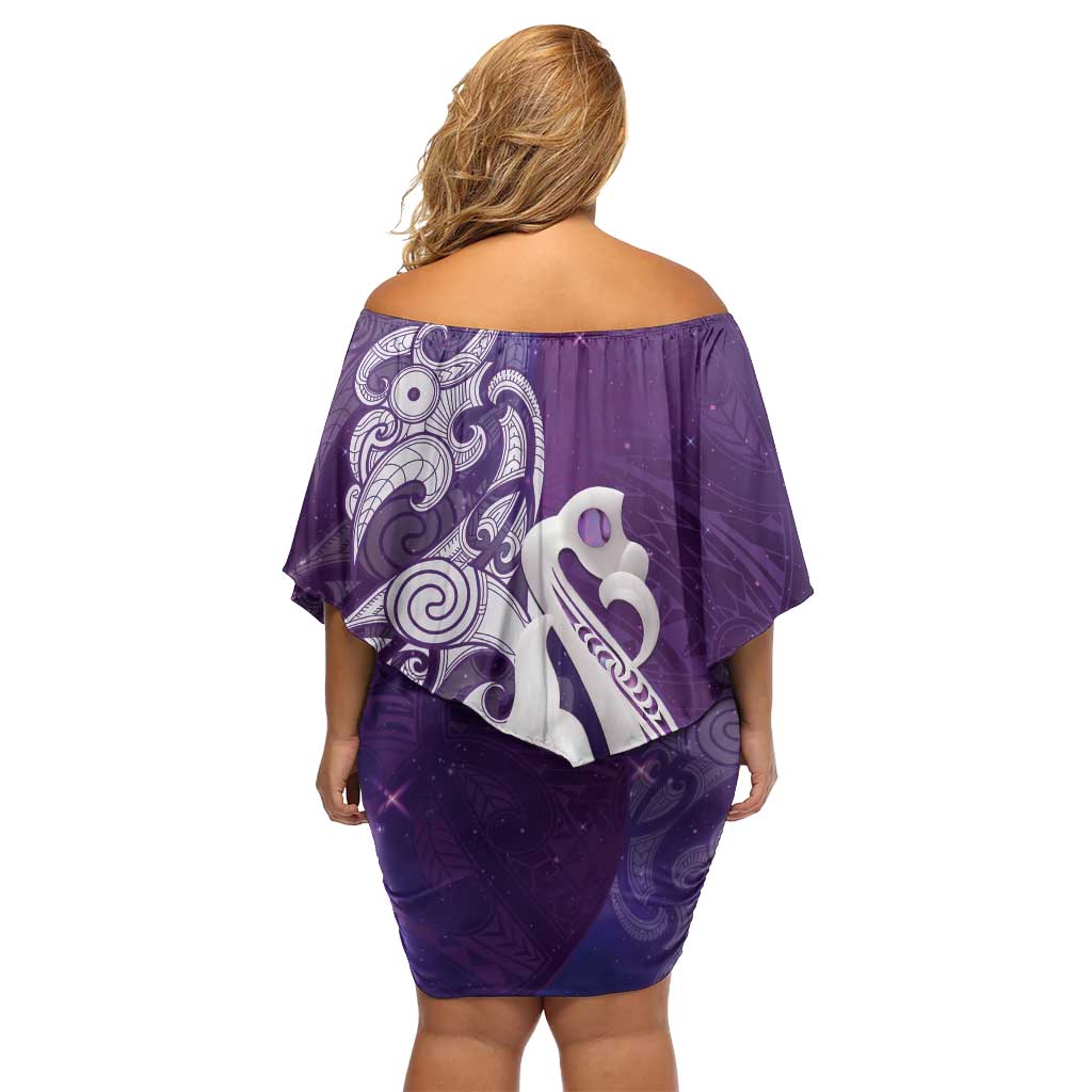 New Zealand Matariki Off Shoulder Short Dress Maori Manaia Galaxy Silver Fern Purple Color LT22 - Polynesian Pride