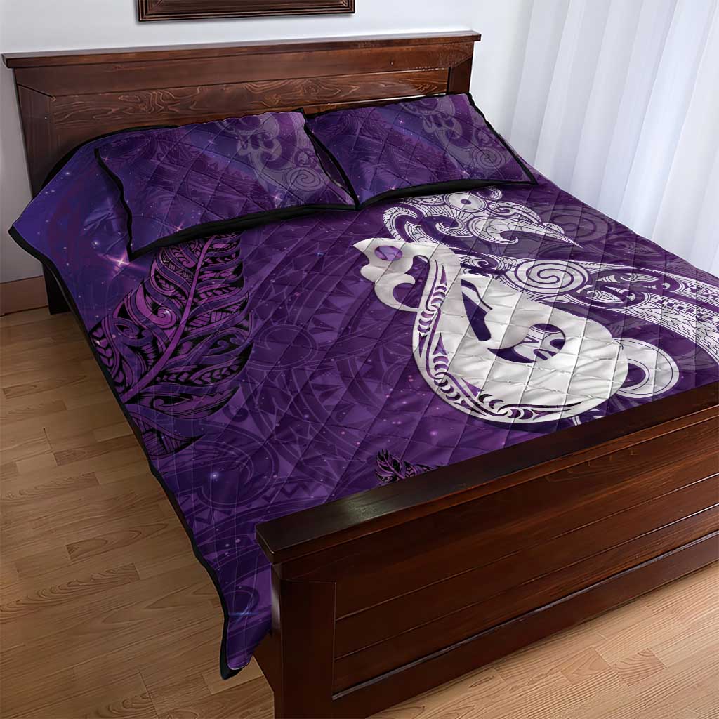 New Zealand Matariki Quilt Bed Set Maori Manaia Galaxy Silver Fern Purple Color