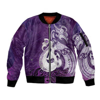 New Zealand Matariki Sleeve Zip Bomber Jacket Maori Manaia Galaxy Silver Fern Purple Color