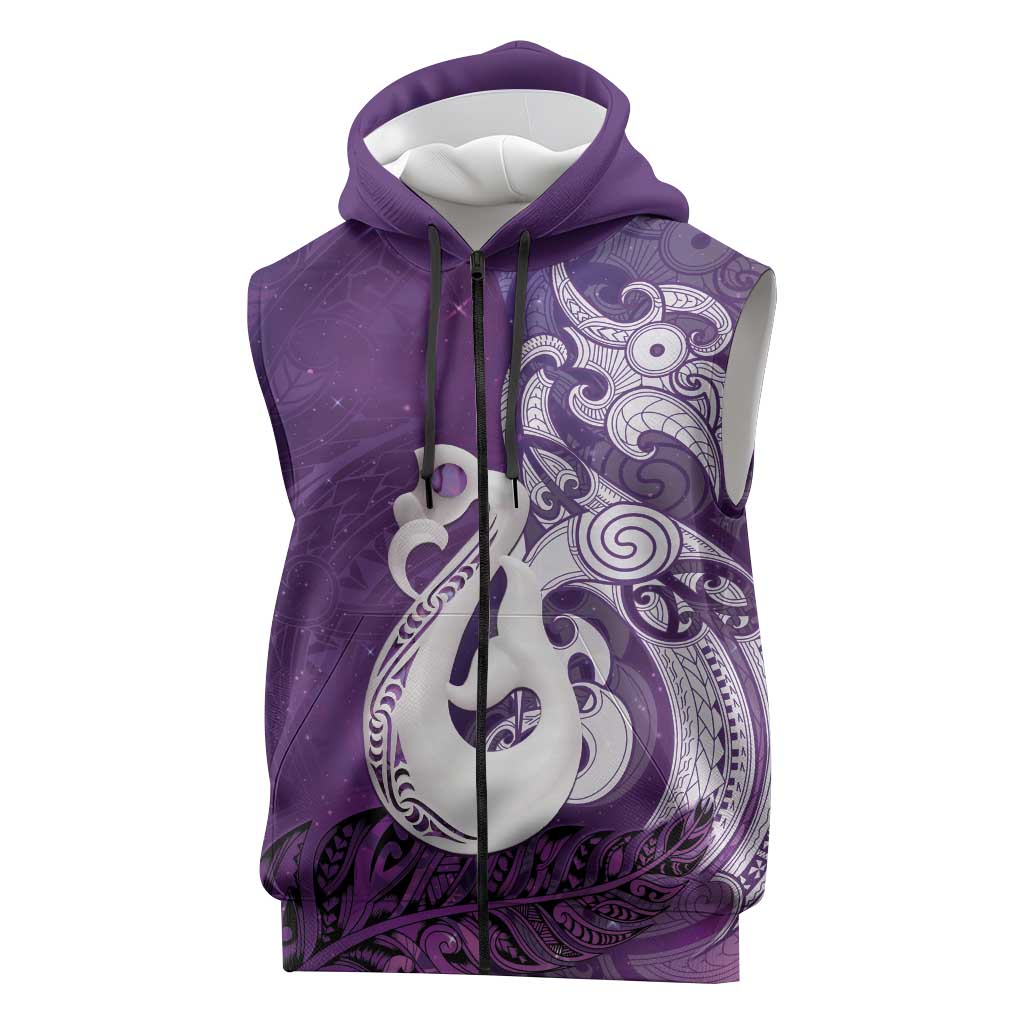New Zealand Matariki Sleeveless Zip Hoodie Maori Manaia Galaxy Silver Fern Purple Color