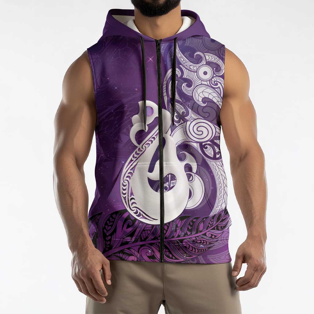 New Zealand Matariki Sleeveless Zip Hoodie Maori Manaia Galaxy Silver Fern Purple Color LT22 - Polynesian Pride