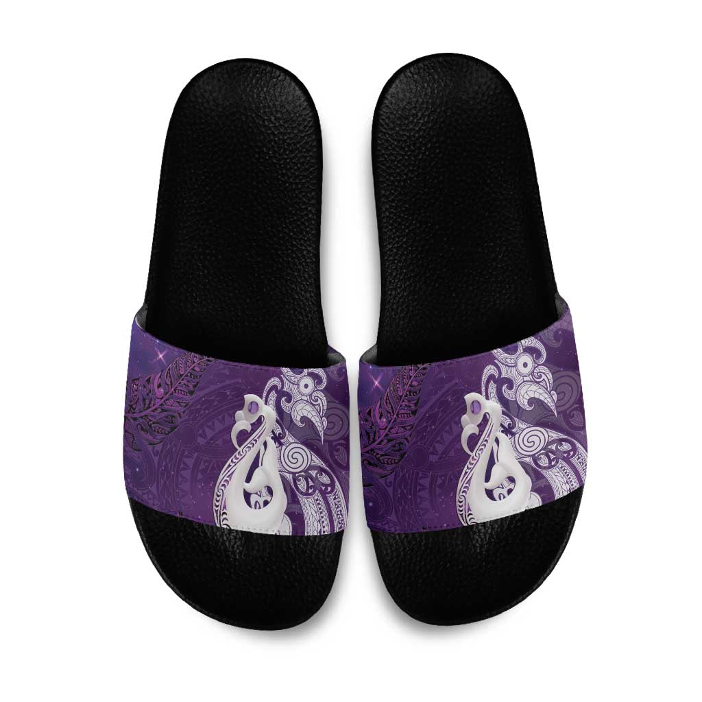 New Zealand Matariki Slide Sandals Maori Manaia Galaxy Silver Fern Purple Color