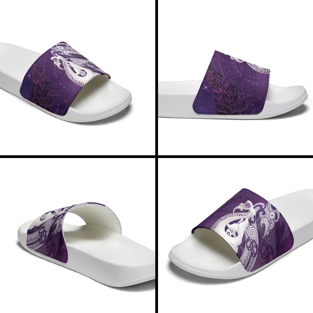 New Zealand Matariki Slide Sandals Maori Manaia Galaxy Silver Fern Purple Color
