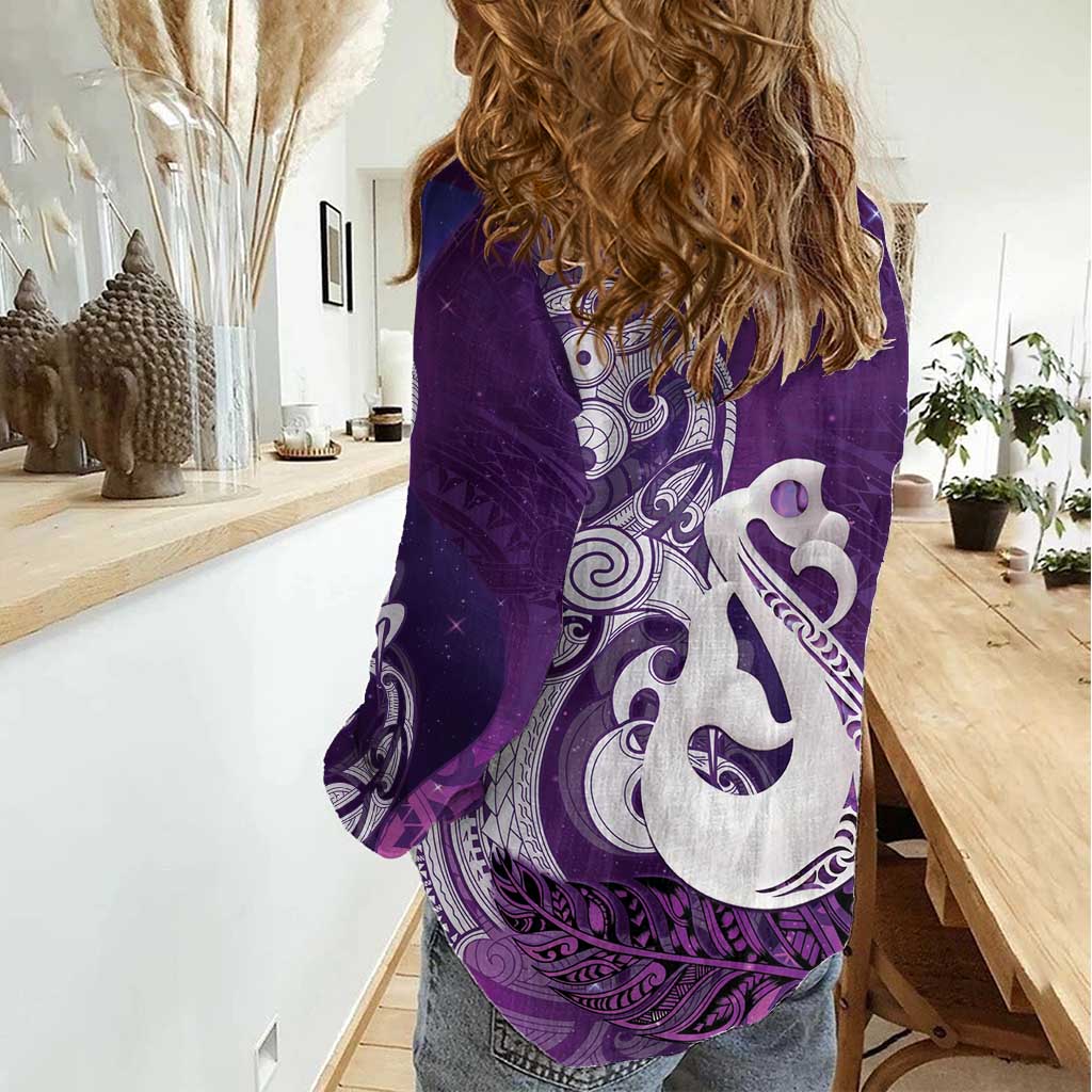 New Zealand Matariki Women Casual Shirt Maori Manaia Galaxy Silver Fern Purple Color LT22 - Polynesian Pride