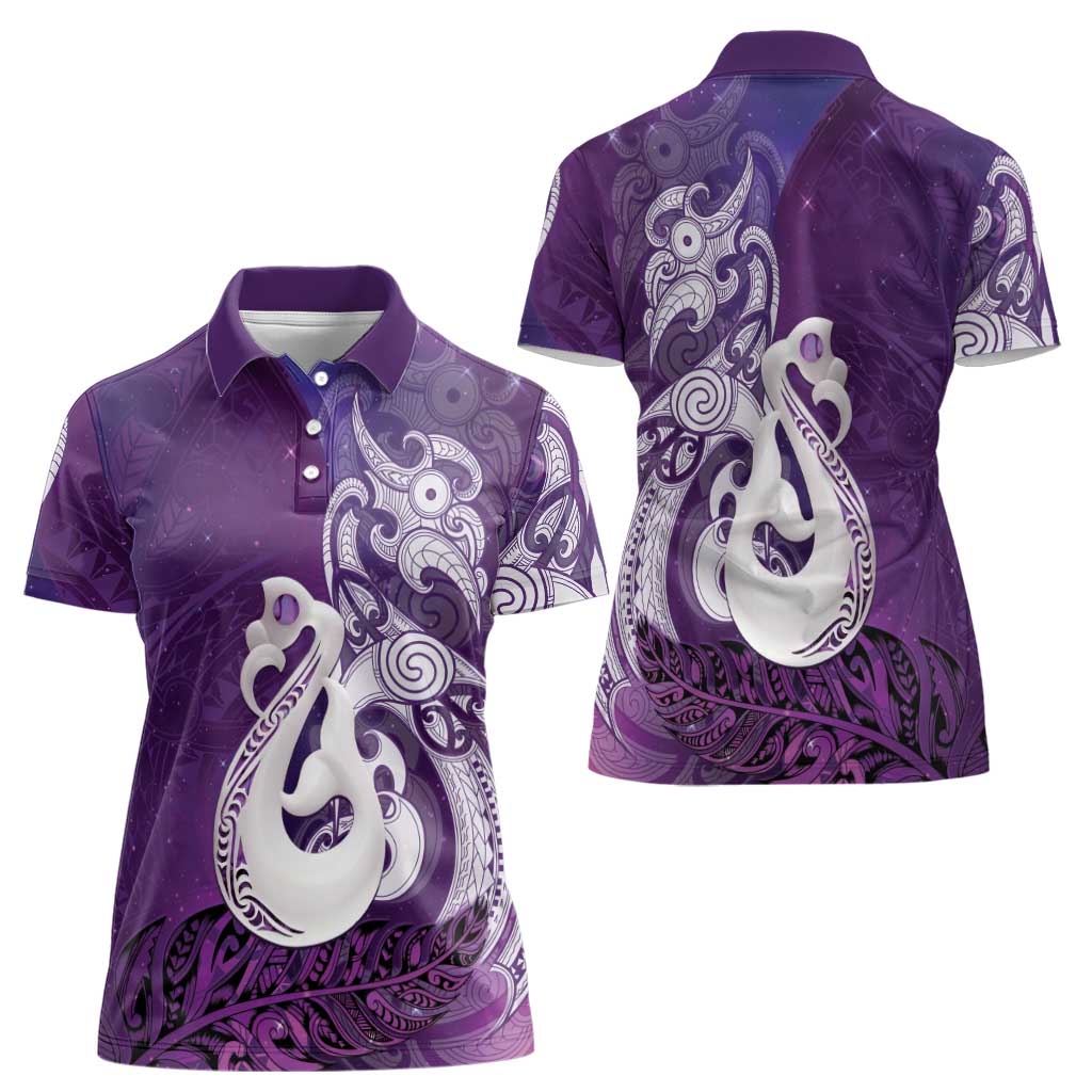 New Zealand Matariki Women Polo Shirt Maori Manaia Galaxy Silver Fern Purple Color LT22 - Polynesian Pride