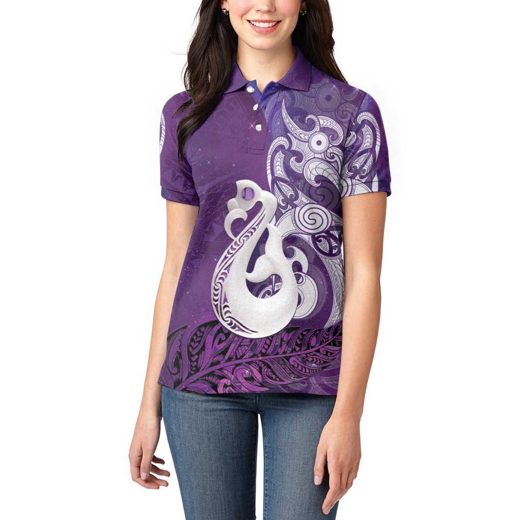 New Zealand Matariki Women Polo Shirt Maori Manaia Galaxy Silver Fern Purple Color LT22 - Polynesian Pride