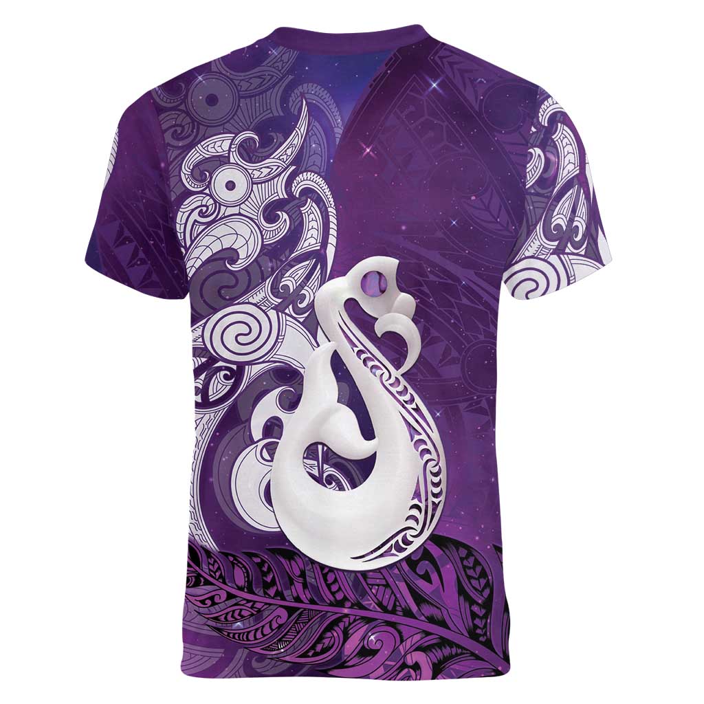 New Zealand Matariki Women V-Neck T-Shirt Maori Manaia Galaxy Silver Fern Purple Color LT22 - Polynesian Pride