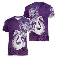 New Zealand Matariki Women V-Neck T-Shirt Maori Manaia Galaxy Silver Fern Purple Color LT22 - Polynesian Pride
