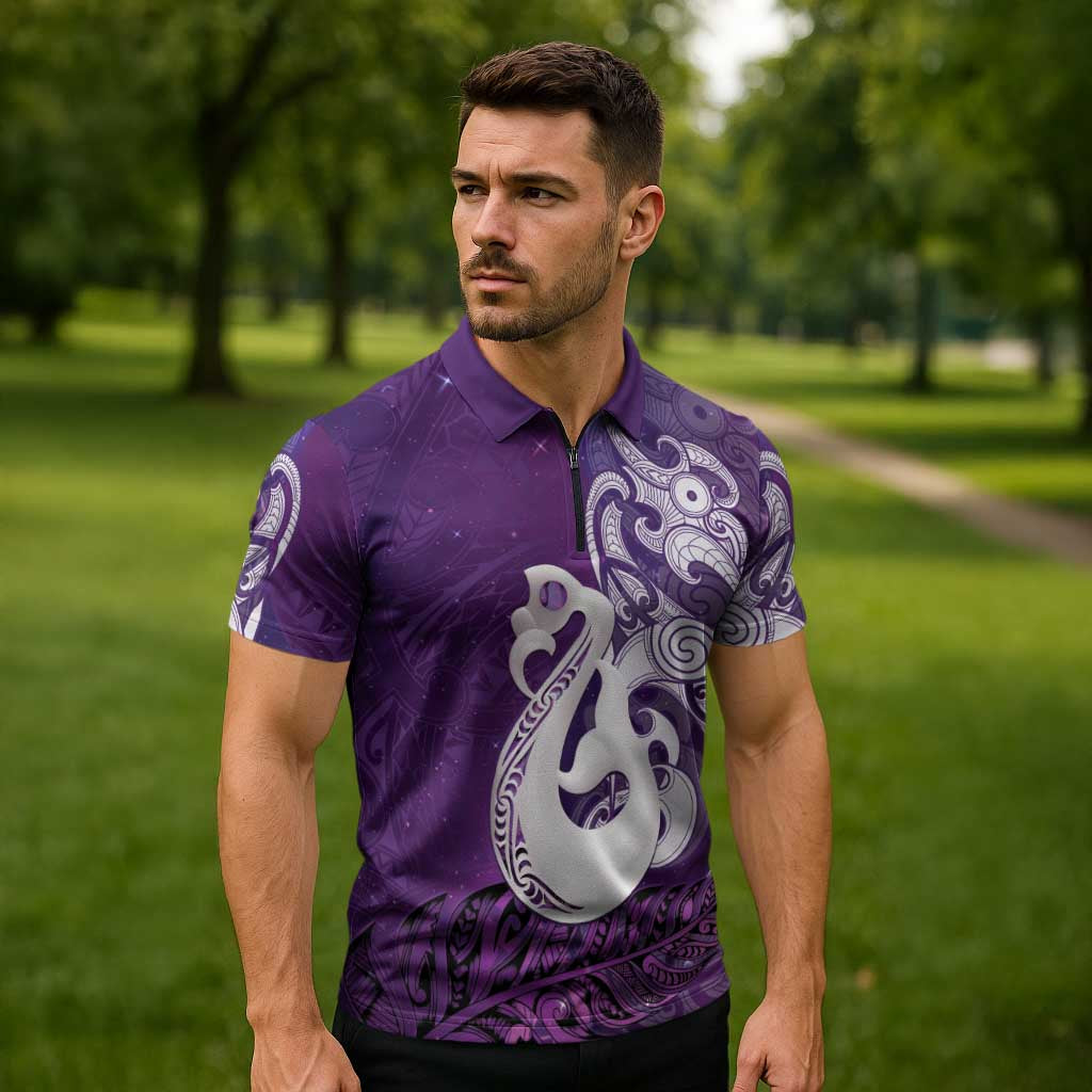 New Zealand Matariki Zipper Polo Shirt Maori Manaia Galaxy Silver Fern Purple Color LT22 - Polynesian Pride
