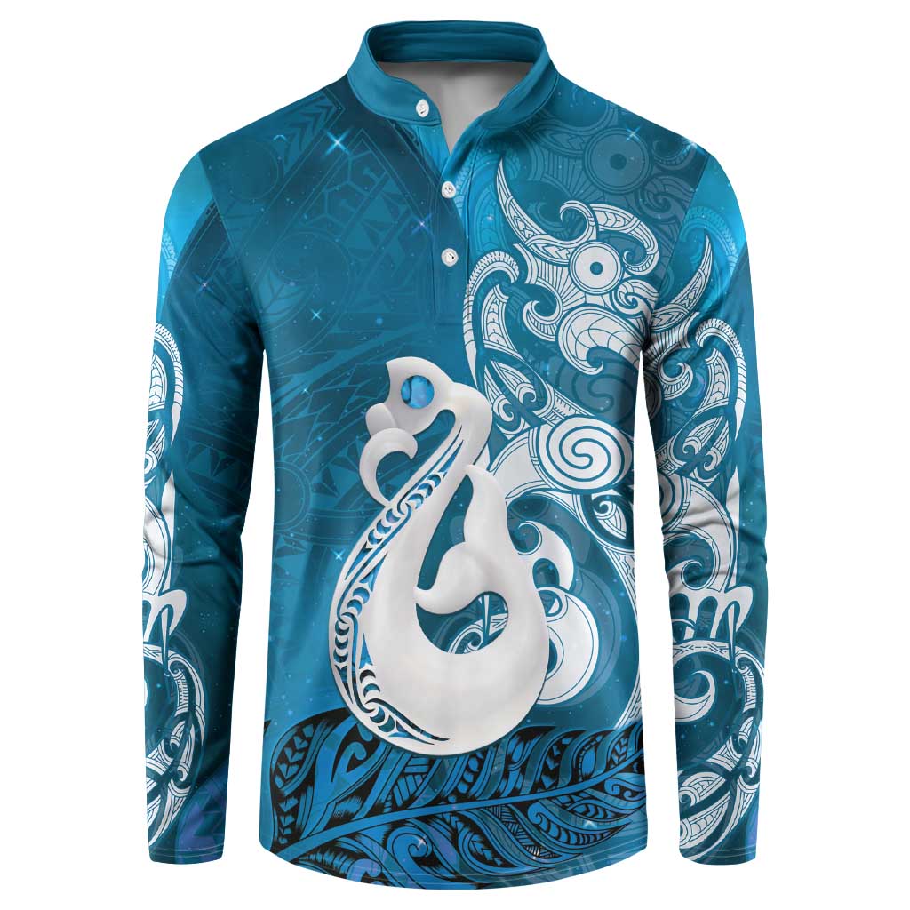 New Zealand Matariki Button Sweatshirt Maori Manaia Galaxy Silver Fern Blue Color