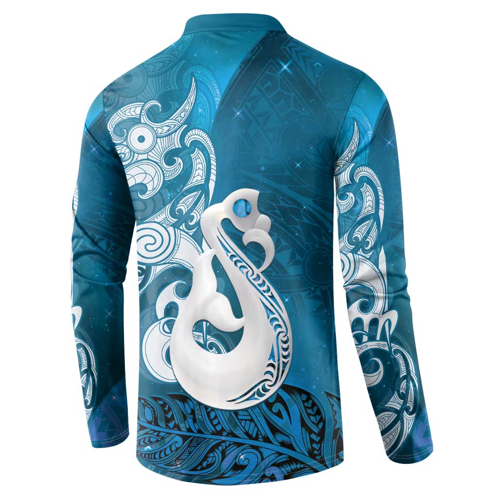 New Zealand Matariki Button Sweatshirt Maori Manaia Galaxy Silver Fern Blue Color