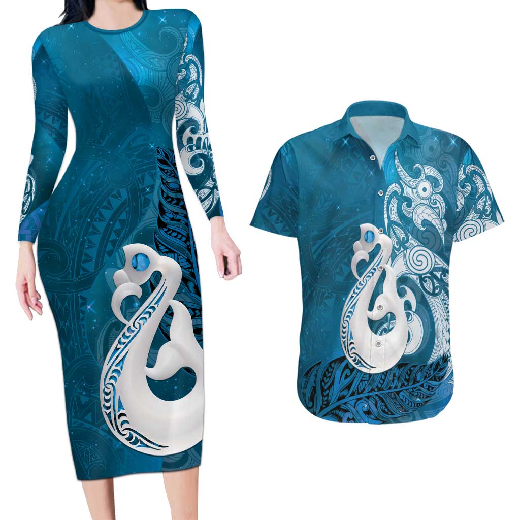 New Zealand Matariki Couples Matching Long Sleeve Bodycon Dress and Hawaiian Shirt Maori Manaia Galaxy Silver Fern Blue Color LT22 Blue - Polynesian Pride