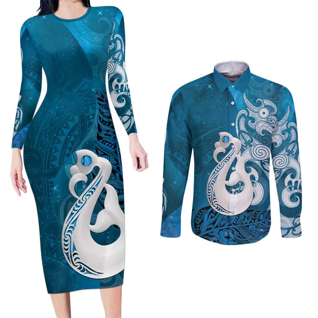 New Zealand Matariki Couples Matching Long Sleeve Bodycon Dress and Long Sleeve Button Shirt Maori Manaia Galaxy Silver Fern Blue Color LT22 Blue - Polynesian Pride