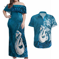 New Zealand Matariki Couples Matching Off Shoulder Maxi Dress and Hawaiian Shirt Maori Manaia Galaxy Silver Fern Blue Color LT22 Blue - Polynesian Pride