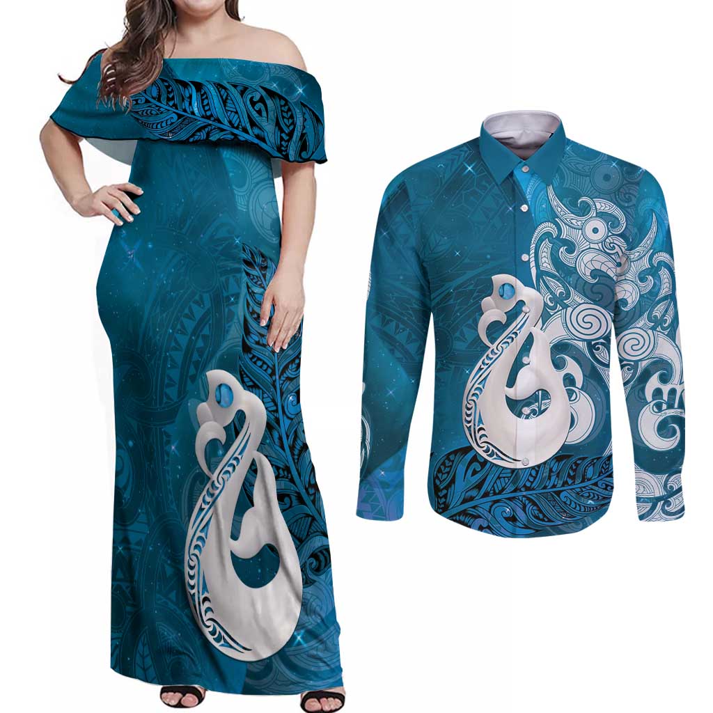 New Zealand Matariki Couples Matching Off Shoulder Maxi Dress and Long Sleeve Button Shirt Maori Manaia Galaxy Silver Fern Blue Color LT22 Blue - Polynesian Pride